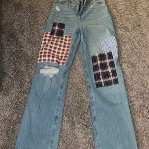 Hollister Blue Jeans with Plaid Patchwork